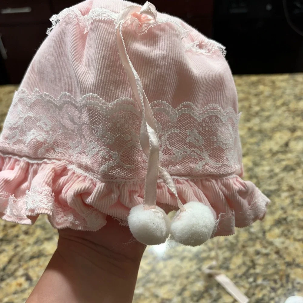 Vintage Mothercare Baby Bonnet Pink Corduroy Lace Ruffle Pom Pom Ribbon Tie Hat